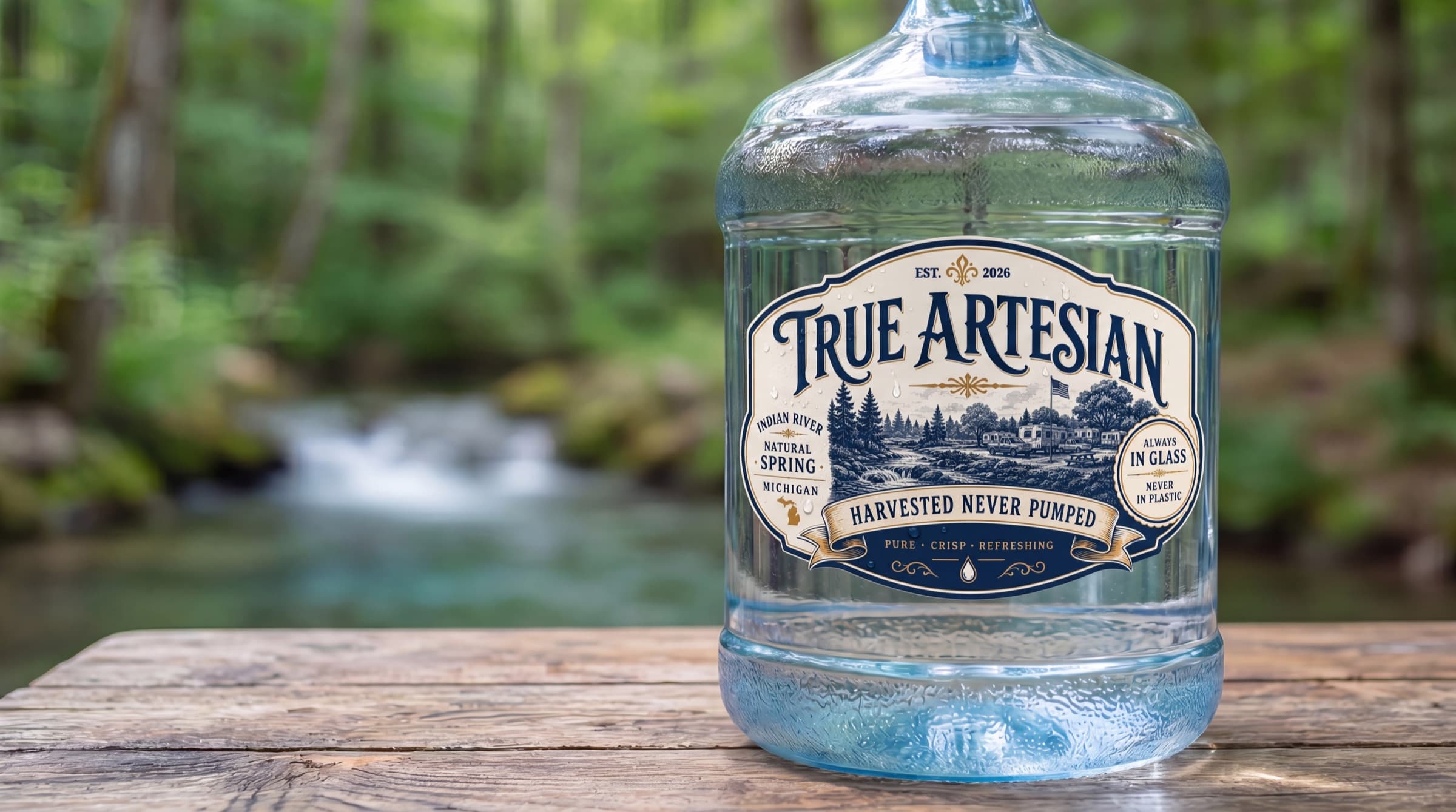 A True Artesian five-gallon glass bottle on a wooden table beside a clear Northern Michigan stream