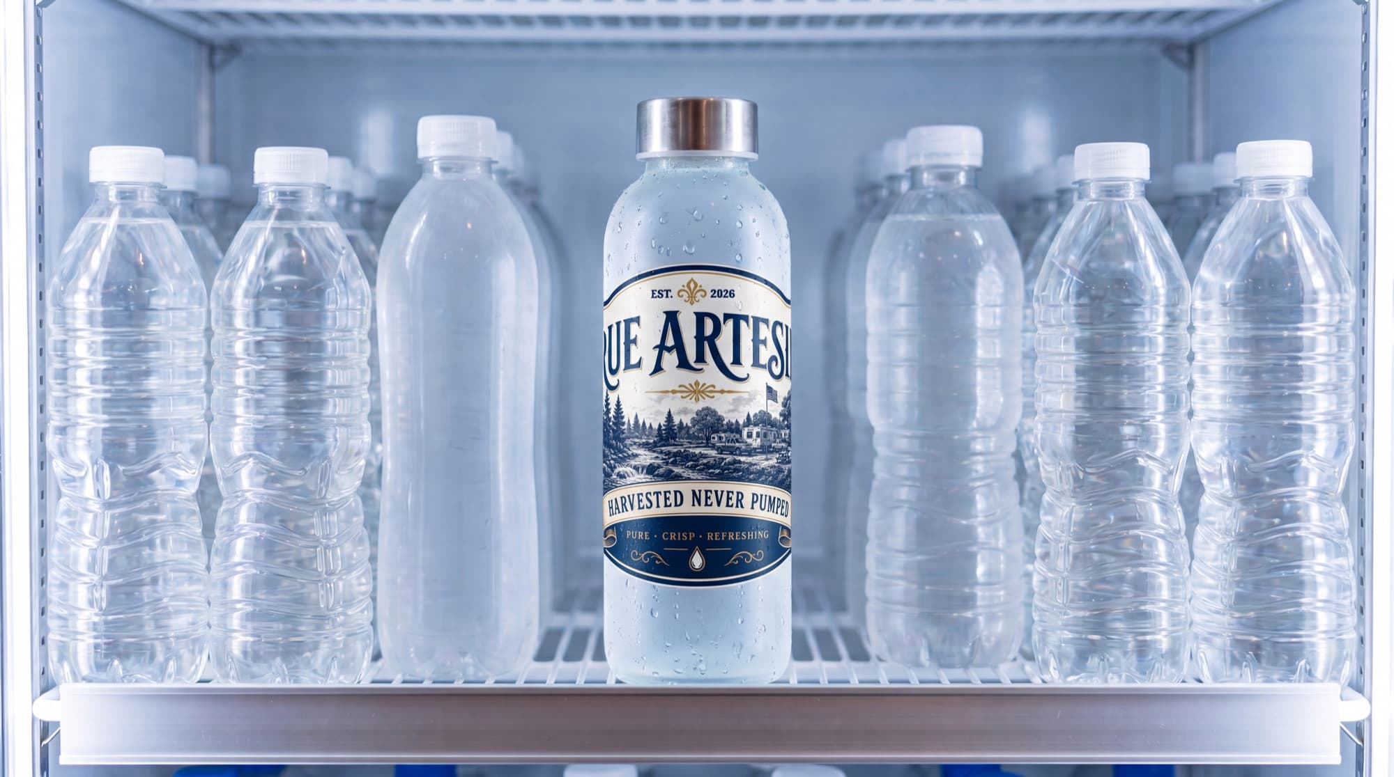 A True Artesian 12 oz glass bottle standing among plastic bottles in a cooler — always in glass, never in plastic